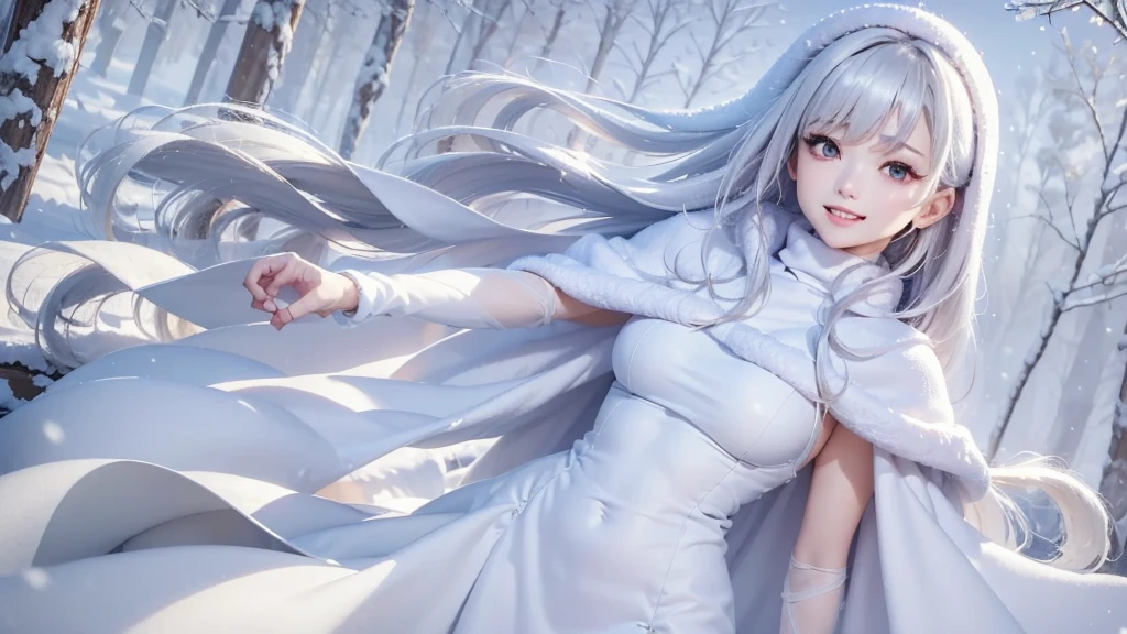 masterpiece、Highest quality、1 girl, winter, white hair, Cute girl, smile, close mouse, medium breasts, Turtleneck dress,  white dress, winter clothes, Fur coat、Small waist、Thin legs、outdoors, snow falling, in the forest and 湖