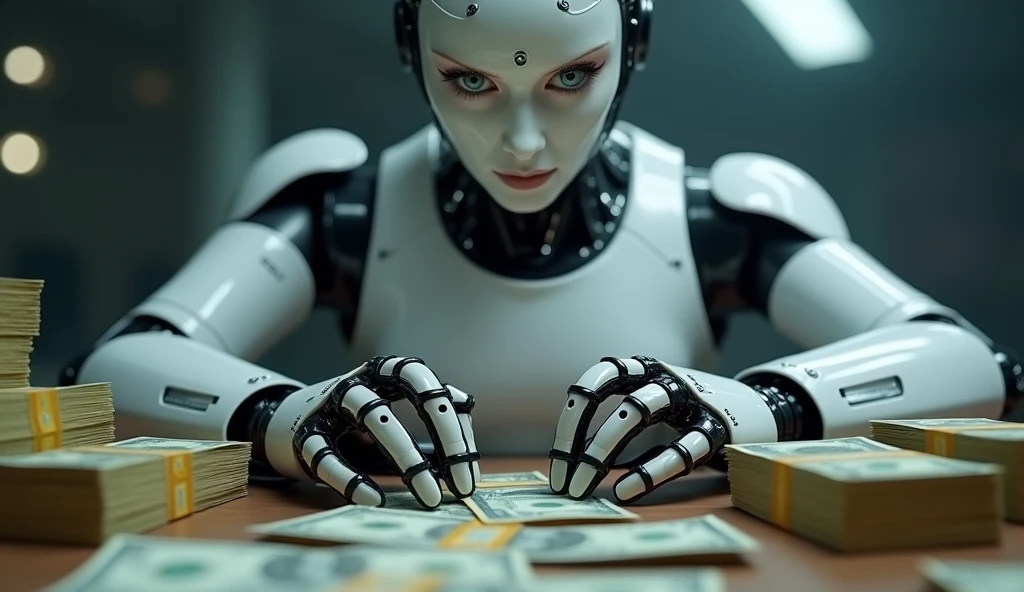 Create a detailed close-up of a futuristic AI robot or android with an emphasis on counting money. The robot should be shown with a focused expression, its eyes wide open, indicating concentration and precision. The scene should feature stacks of cash being counted, with the robot’s hands clearly engaged in handling the money. The background should be subtly blurred to keep the focus on the cash and the robot's eyes. Use lighting that highlights the money and the robot’s face to convey a sense of accuracy and attention to detail