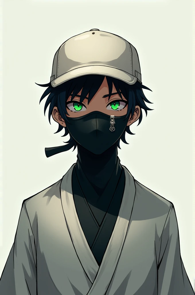 Free Fire style male character with a white cap and an all-black mask, but the eye areas are dark green and have hair coming out of the corners of the white cap and wear a karate shirt./all white kimono