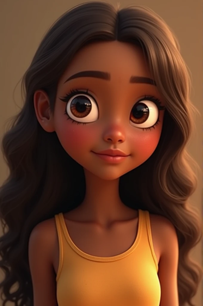 Create a Disney Pixar style girl , This is a brown girl with brown eyes and long brown hair , she is talking to jesus