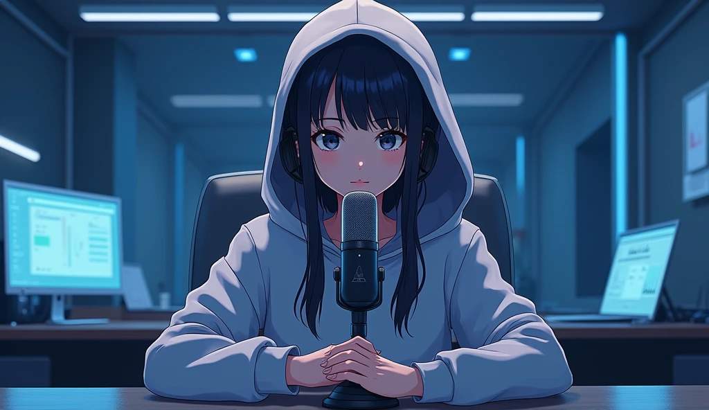 Create an anime-friendly looking female character with headphones who appears handsome and smart. SHe has a good face and is wearing a hoodie. The character is sitting behind microphone in office, with microphone infront, with his arms on the desk. It is night, and the room features volumetric futuristic envinronment. The female character is front-facing to the camera, looking straight and centered. This is a central portrait with an audio microphone on the desk near his mouth. The character's face should occupy about 1/3 of the image size. He is sitting straight, front view, and centered, looking straight ahead. The overall ambiance of the image should convey a connection to minimalism, with flat illustration, bold lines, simplification, and a gouache illustration style. The image should be in 8K resolution.