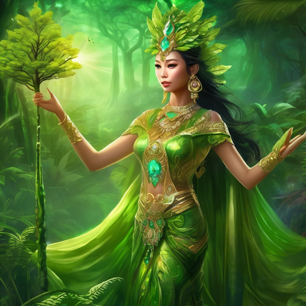 full body fantasy art, an Indonesia woman as the goddes of nature, adorned complicated outfit, such a majestic of appearance, the hand holding a artistic tree staf with a crystal emitting green light, as symbolic of ruler of the nature, the lush green environment in the background, dynamic, atmospheric, highest resolution, ornate details