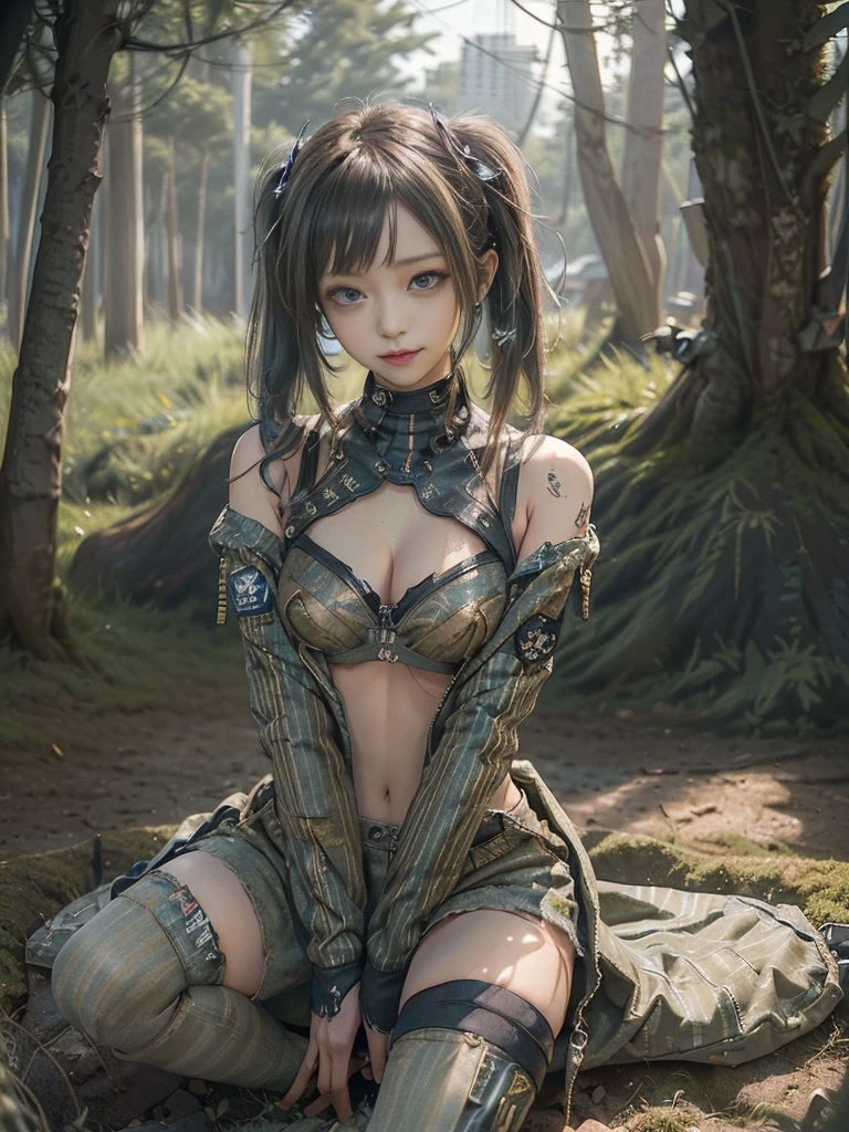 (Pose with legs open:1.5),(Full Body View:1.2)、(Side view:1.1)、(Please smile with your teeth showing:1.3),(Shibuya Gal:1.5)、(Goth Style Fashion:1.5)、(Tattered khaki and gray futuristic micro high leg bodysuit:1.5)、(Tattered Khaki and Moss Green Micro Fancy Sleeves:1.5)、(Tattered khaki micro shorts:1.5)、(Brown and khaki knee socks:1.3)、(camouflage:1.3)、(Military jacket:1.4)、Brown boots、Khaki gloves、internal、(The underwear is striped:1.4)、2、(do a gravure pose:1.3)、((Highest quality、8k、masterpiece:1.3))、One person、The beauty of slim abs:1.3、(Hairstyle Casual、Big Tits:1.1)、dress:1.1、Super small face、Narrow eyes、double eyelid、Laughter、Esbian all over body、Dynamic Angle、Close-up、CPL Filter、Blurred Background、Bokeh、Blue Hour、Detailed face and skin texture、Detailed Eyes,(Twin tails:1.3)、(Brown-golden hair:1.4)、Gravure idol pose、(The background is a mysterious sea of trees on a clear day:1.3)、(The body is slim:1.2),(Slim legs:1.4),(clavicle:1.1)