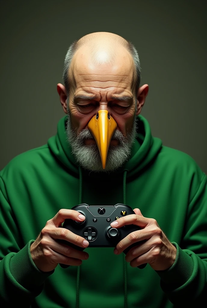 Middle-aged man with a mouth like a thrush and an Xbox fan, the mouth has to be a thrush&#39;s beak, man has to be bald, wearing green, crying with an xbox controller in hand, with a sad face, beak of a sapling instead of a mouth, small beak