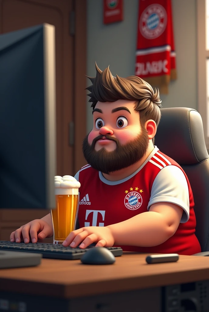 Small fat boy with small beard and round head sitting at the computer, wearing a Bayern Munich jersey and drinking beer and on the wall in the background hangs a davaria davensberg scarf 