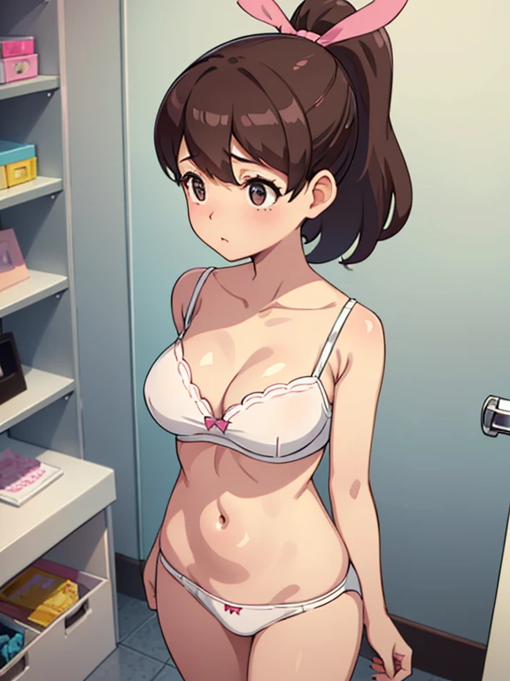 Shot in the changing room,Show the whole body,Are standing(Mastepiece,1, alone) (Kodama Fumika)Brown Hair,ponytail,Pink ribbon,Big Breasts,White underwear