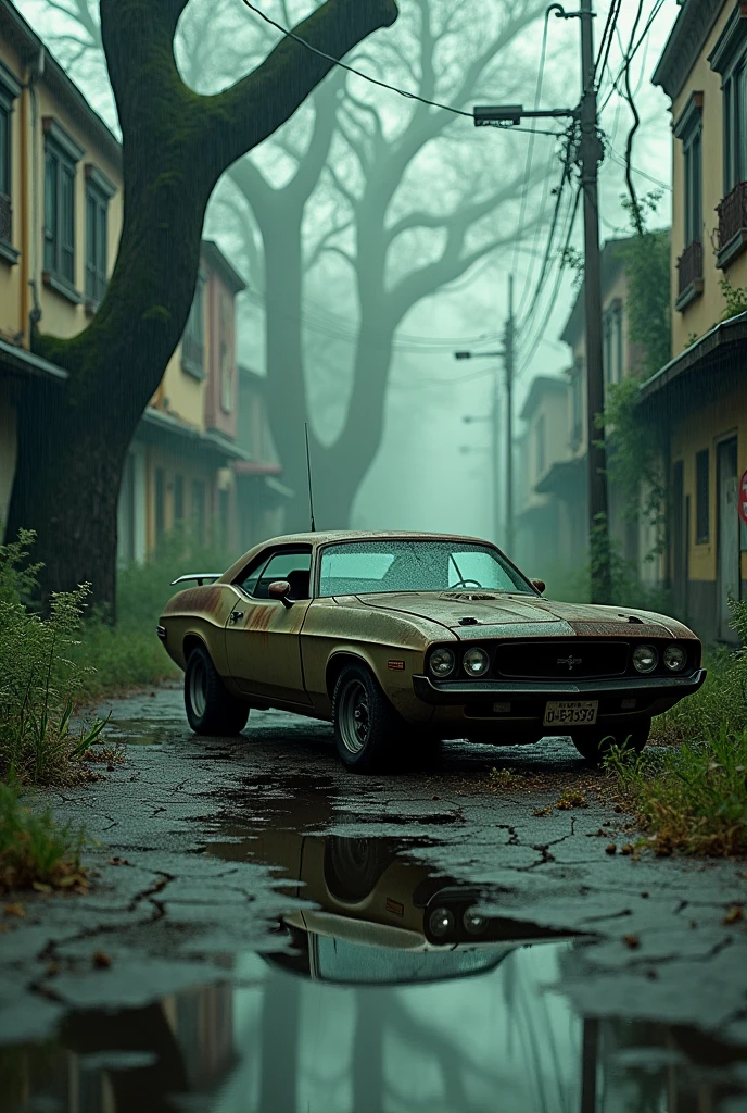 Side view of rusty old car, Post-apocalyptic city street scene, trees all over, Danger room, Cracked pavement, Overgrown, dark dramatic sky, green, light rain, car reflection on water, reflection photography, movie lighting, Film composition, Very detailed, Realistic