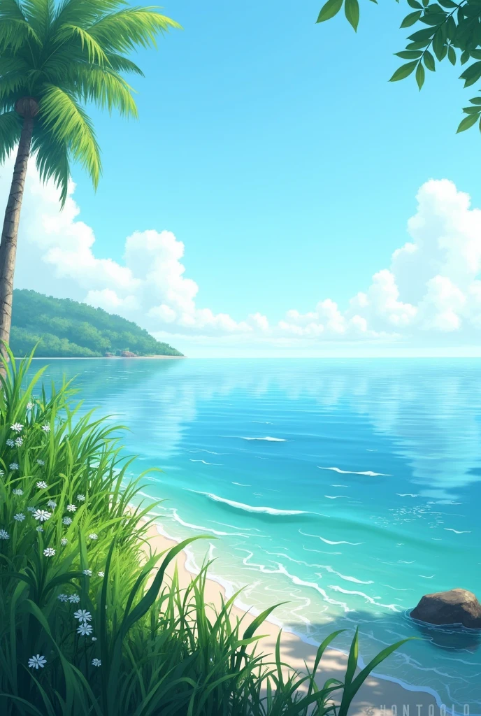 Blue water with green plants at beach realastic