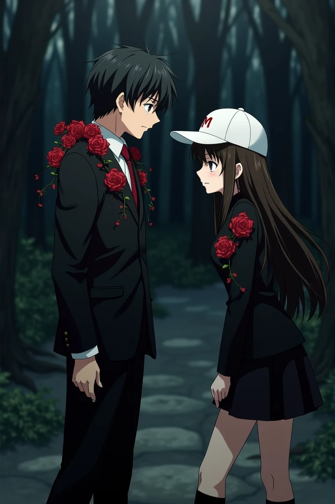 an anime man with black hair and dark maroon eyes and he is wearing a black suit with dark red rose vines twirling around his shoulders and he is wearing a white cap which has a M written on it in red and he is arguing with and an anime woman with long middle brunette hair and dark brown eyes and she is wearing a black outfit with black socks and black boots and she has the same cap as the anime man and they both are crying tears and they are standing in a dark forest and the man is saying "I think we should be just friends" and they are wearing white caps which have a M written on them in red and tears are coming out of their eyes and they are in sorrow and the woman is crying quietly with her head bent