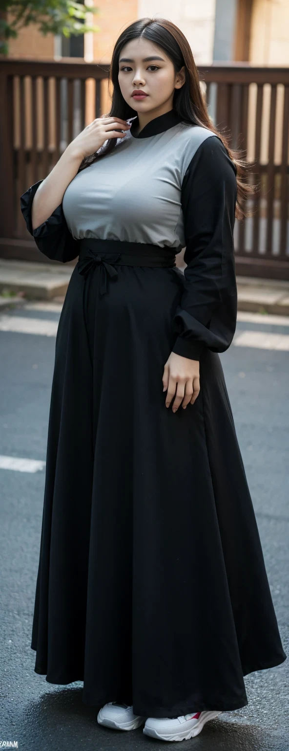 ((best quality)), ((masterpiece)), (detailed), malay woman, perfect face, araffe woman in a dark-black gamis walking down a street, thicc, she has a jiggly fat round belly, bbwchan, wearing tight simple clothes, skinny waist and thick hips, widest hips, her belly is fat and round, soft curvy shape, hyperrealistic full figure, wearing gamis , wide hips, sneakers