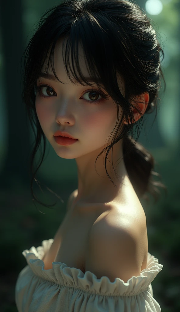 One Girl,(1人のとてもcute:1.3),masterpiece,Highest quality,High resolution,From below,Low - Angle,Photorealistic,RAW Photos,Ray Tracing,beautiful girl,(:1.3),cute,Big eyes,(detailed pupils:1.2),(Face turned to the side:1.3),Cute nose,Beautiful nose,Upturned nose,Fuller lips,Short black hair,ponytail,short hair,Detailed eyelashes,Thin eyebrows,Very fine grain definition,(profile:1.3),(Face close-up,Face Focus:1.0),Small breasts,Short neck,Off the shoulder,People emerge,Dark Background,forest,Portrait,Look to the side,Upper Body,Cinema Lighting,High resolution,Very detailed
