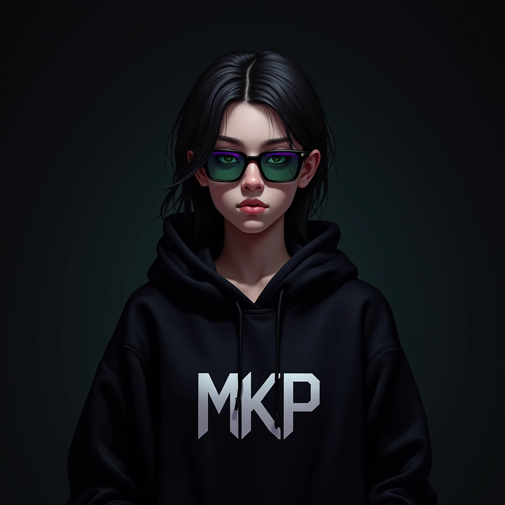 "A monochromatic digital artwork featuring a young person with a serious expression, wearing a black hoodie. The character has sleek black hair and futuristic sunglasses with a gradient of purple and green. The hoodie has a unique design of a MKP . The background is a smooth, dark gradient, adding to the overall mysterious and cool vibe of the image."