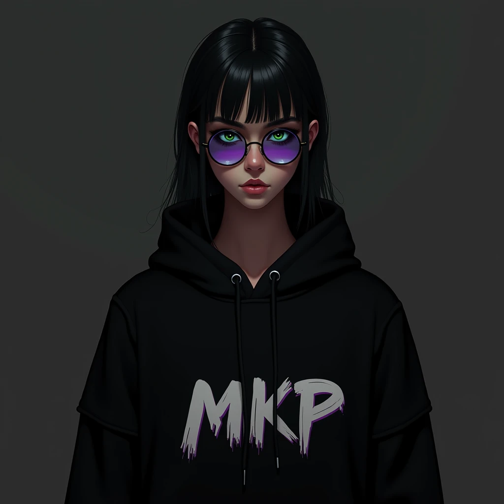 "A monochromatic digital artwork featuring a young person with a serious expression, wearing a black hoodie. The character has sleek black hair and futuristic sunglasses with a gradient of purple and green. The hoodie has a unique design of a MKP . The background is a smooth, dark gradient, adding to the overall mysterious and cool vibe of the image."