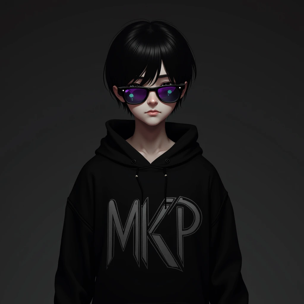 "A monochromatic digital artwork featuring a young person with a serious expression, wearing a black hoodie. The character has sleek black hair and futuristic sunglasses with a gradient of purple and green. The hoodie has a unique design of a MKP . The background is a smooth, dark gradient, adding to the overall mysterious and cool vibe of the image."