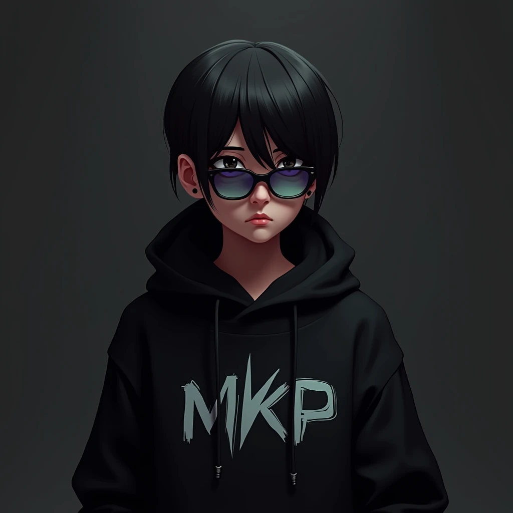 "A monochromatic digital artwork featuring a young person with a serious expression, wearing a black hoodie. The character has sleek black hair and futuristic sunglasses with a gradient of purple and green. The hoodie has a unique design of a MKP . The background is a smooth, dark gradient, adding to the overall mysterious and cool vibe of the image."