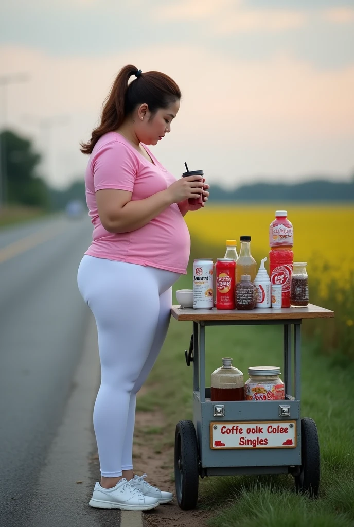 full body photo, masterpiece, very good quality, very detailed, beautiful korea woman, curvaceous body, curvaceous body, big thighs, wearing a pink tight t-shirt and white tight sports leggings, hair brown, hair tied, stirring coffee, next to a cart, various drinks and snacks, on the side of the road, afternoon, twilight, field background, there is writing ("BAKUL KOPI SUSU YANG JOMBLO GRATIS")