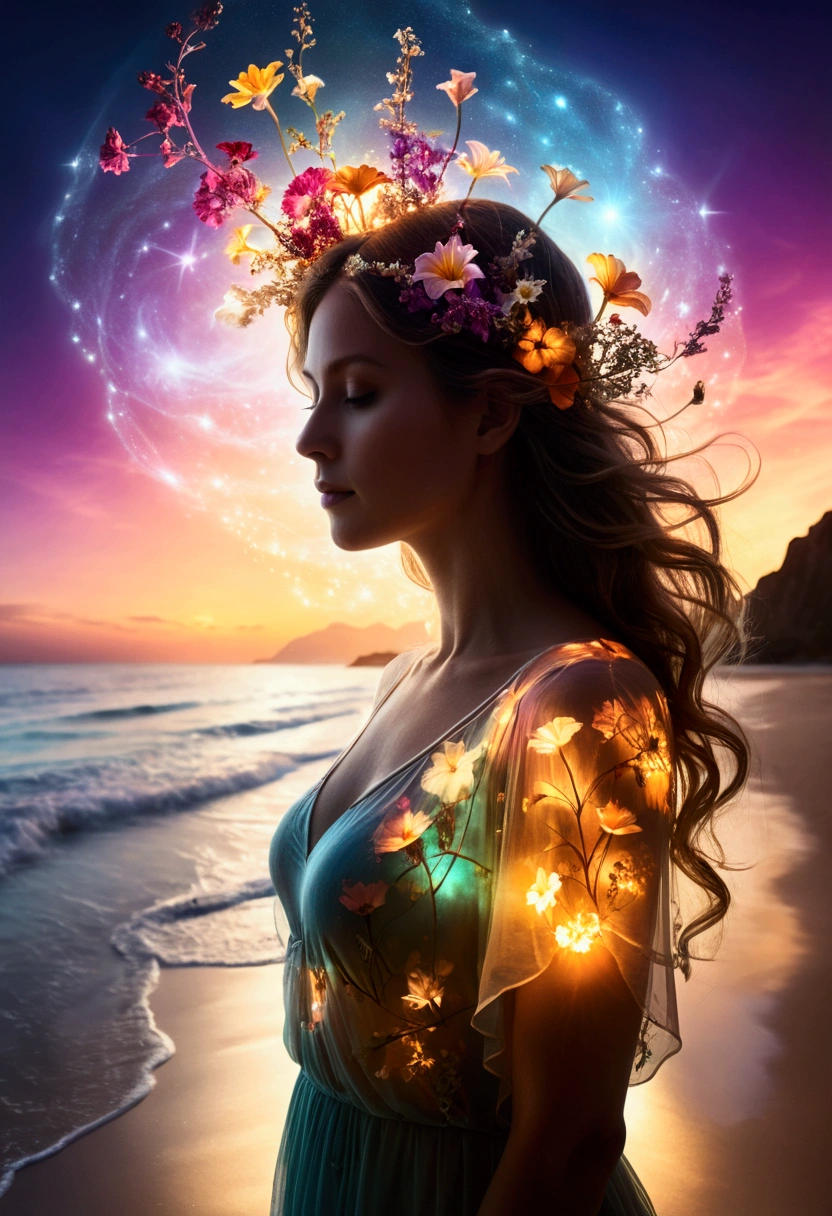 Bright theme, mystical glowing spiritual environment, celestial atmosphere, realistic, beautiful, aesthetic, lonely, beach, flowers, nature, (double exposure background through beautiful woman transparent silhouette figure), (glowing spiritual atmosphere, enchanting light, glowing lights, celestial atmosphere, enchanting light, complementary colors, enchanting colors, dramatic lighting, enchanting aura)