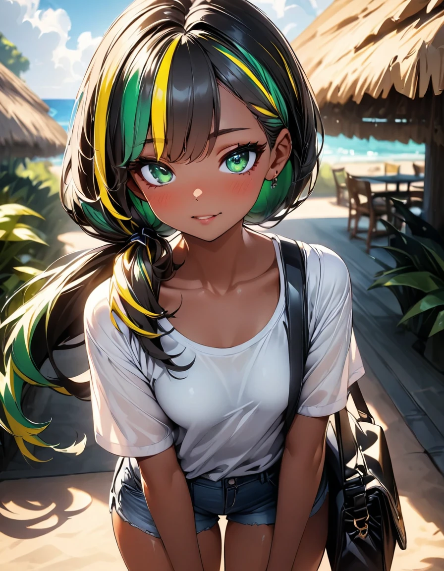 (highest quality:1.2, Very detailed, up to date, Vibrant, Ultra-high resolution, High Contrast, masterpiece:1.2, highest quality, Best aesthetics), Portraiture、girl、((2:1.5)), (slim:1.2), 25-years-old, (black t-shirt), jeans shorts, shoulder bag, Bright colors、Beautiful fine details、Beautiful lip detail、long hair, (low ponytail:1.3), white and yellow green ((streaked hair:1.6)), highlights hair: 1.5, (small breast,:1) (tan skin:1.2), beach resort, (cowboy shot:1.5),