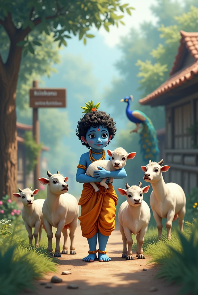little blue krishna is holding a cow baby with his hand and standing in a village with his boys and girls friends. Village name EZHUMATTOOR is mentioned in road sign board. There are some baby cows and peacock birds nearby