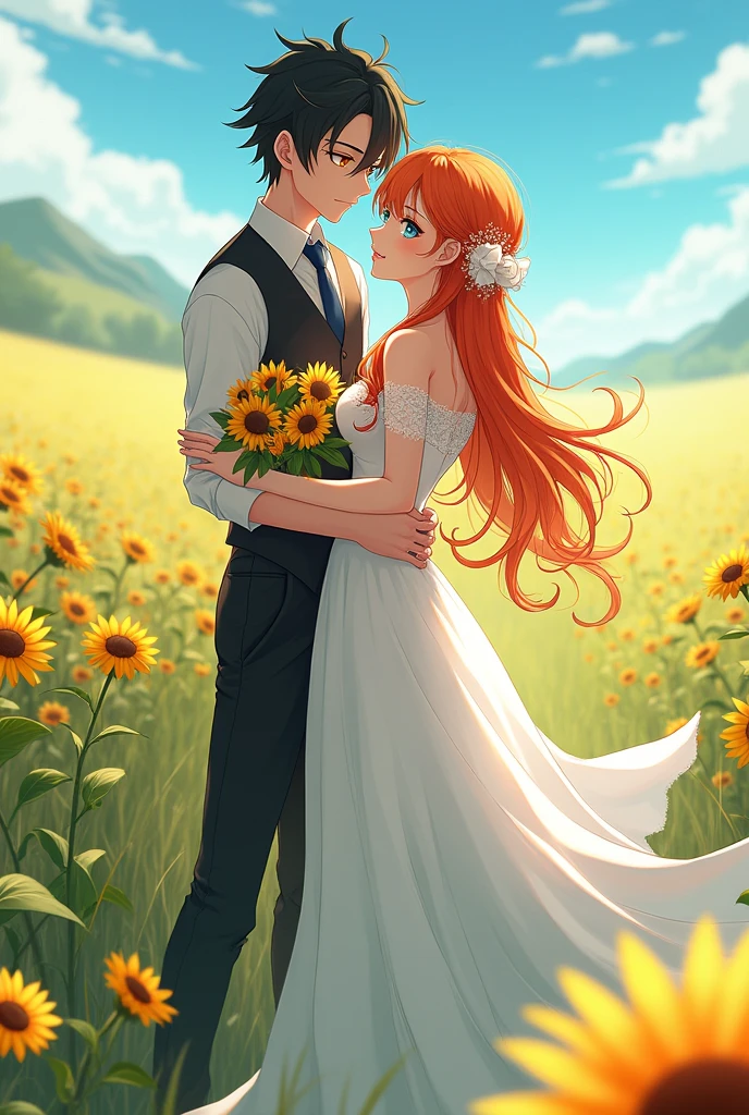 The orange-haired long, blue-eyed girl is wearing a luxurious, off-the-shoulder white wedding dress, holding a wedding bouquet made from a bouquet of sunflowers. She was standing next to a boy with slightly messy black hair, yellow eyes, cold face, wearing a vest and holding the girl's waist. The surrounding landscape is a beautiful flower field. anime characters