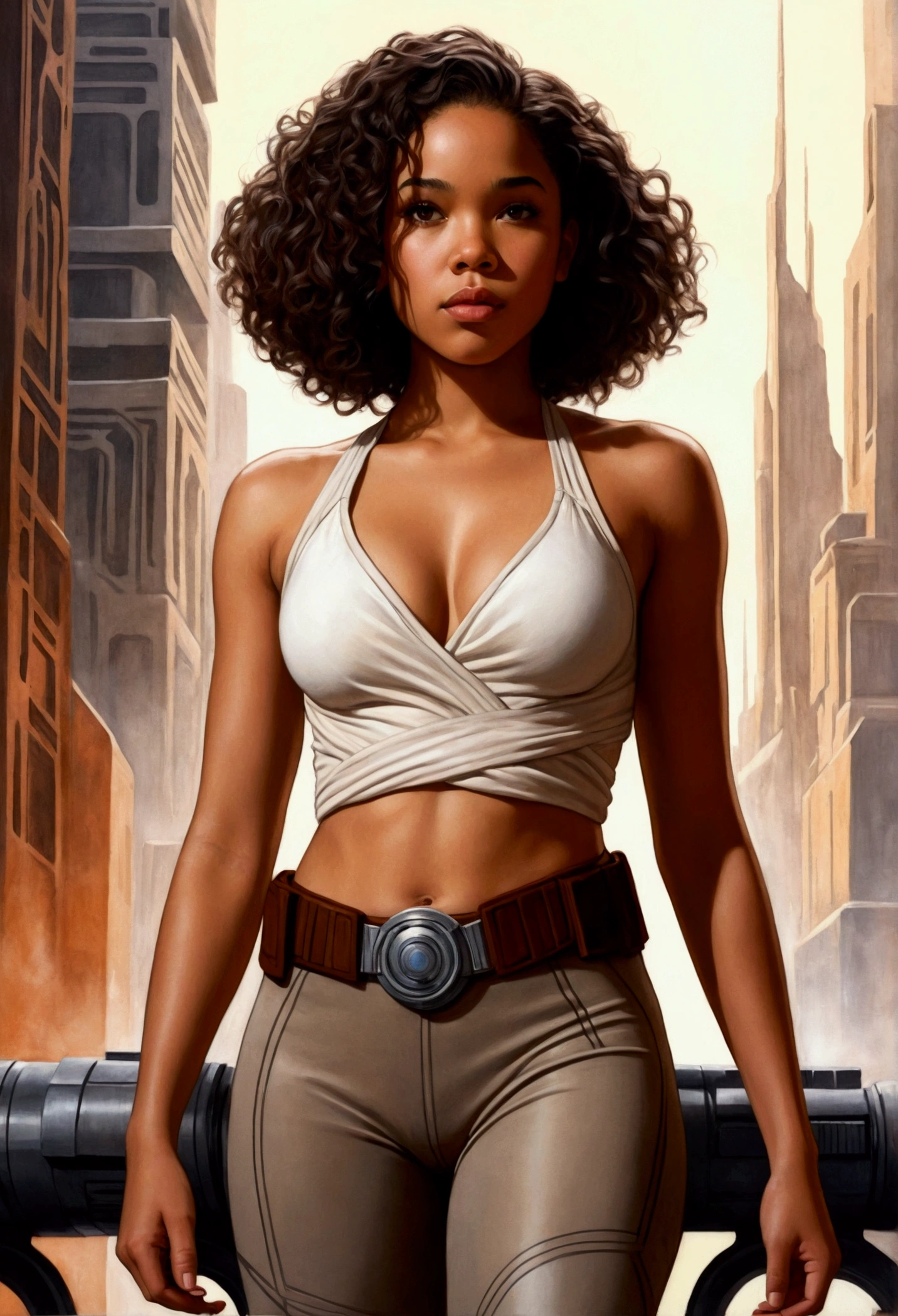 An illustrated movie poster, hand-drawn, full color, a age Jedi, 18-years-old, female, wearing a bralette and leggings, athletic hourglass figure, busty bosoms, full wide hips, massive round butt, long shapely legs, ridiculously thick powerful thighs, hazel eyes, dark hair, kinky curly bob cut, warm brown complexion, resembles Alexandra Shipp, standing above Coruscant, graphite shading, stencil marks, airbrushed acrylic paint, masterpiece, in the style of Drew Struzan