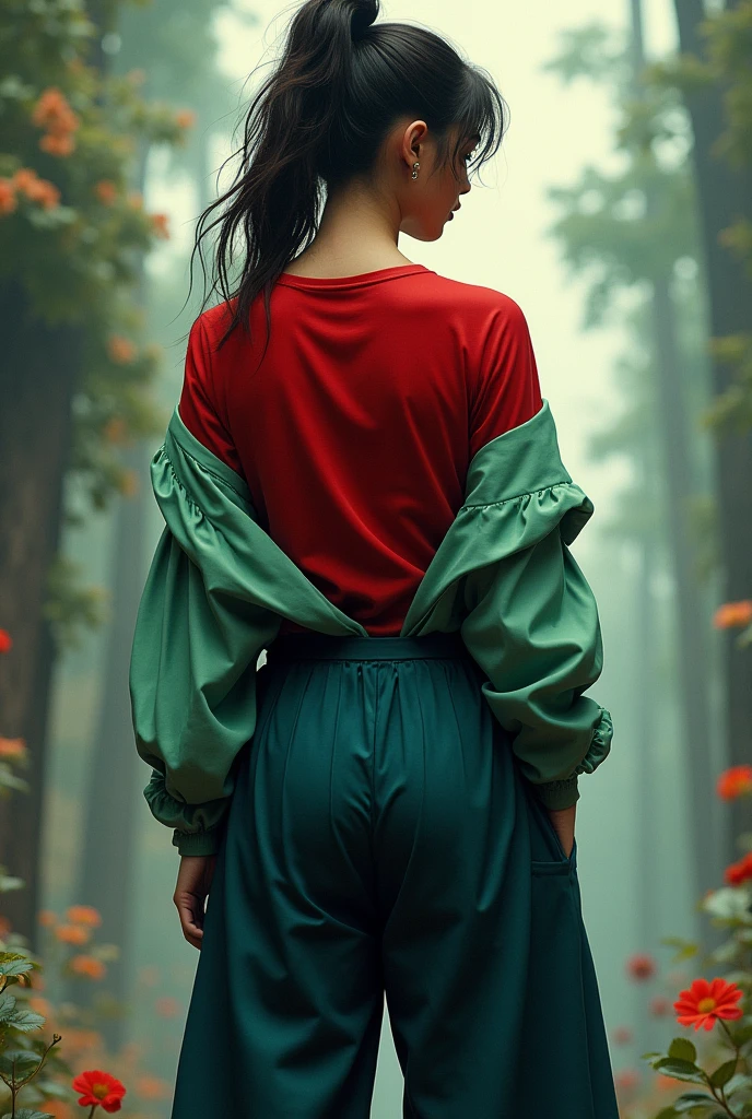 Girl who is wearing dark blue trousers has her back facing the camera and her feet are visible red t shirt with light green full sleeves shirt tucked in the trousers