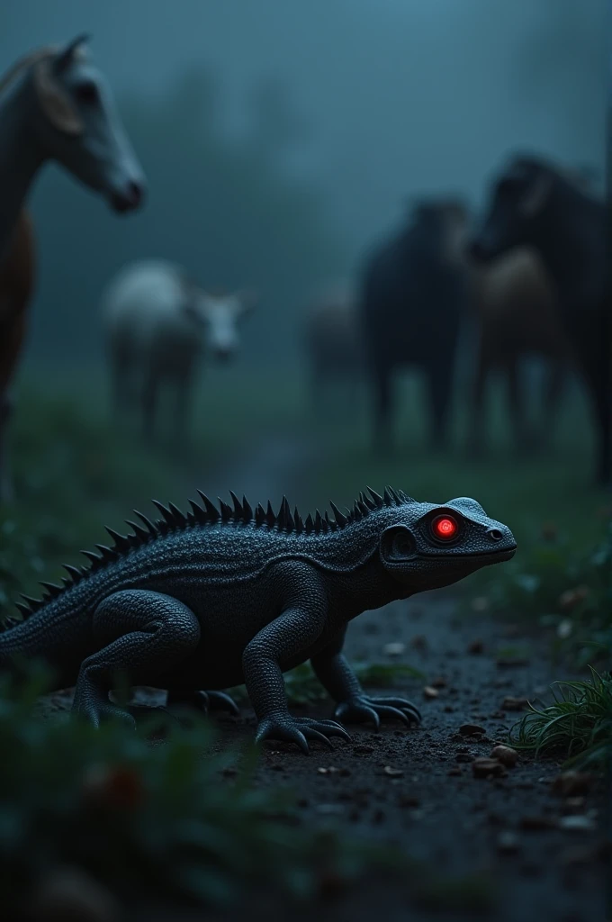A small, reptilian creature with spines along its back, crouching in the shadows of a rural farm. Its glowing red eyes focus on a herd of livestock as it prepares to strike under the cover of night."