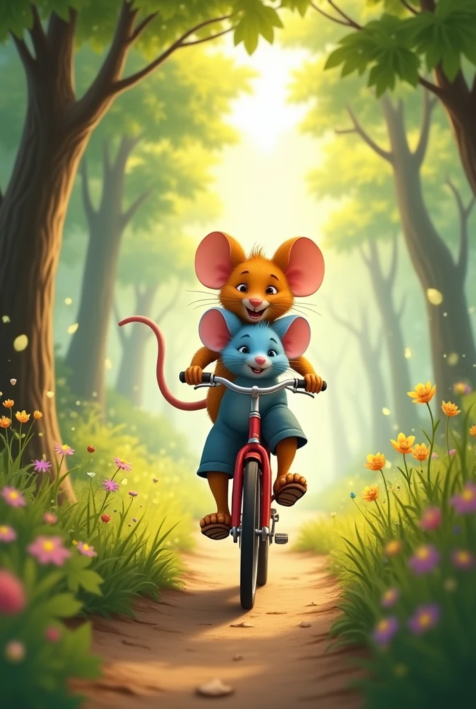 A blue mouse  with her orange mouse dad are riding a bike and laughing on a path in a sunny forest