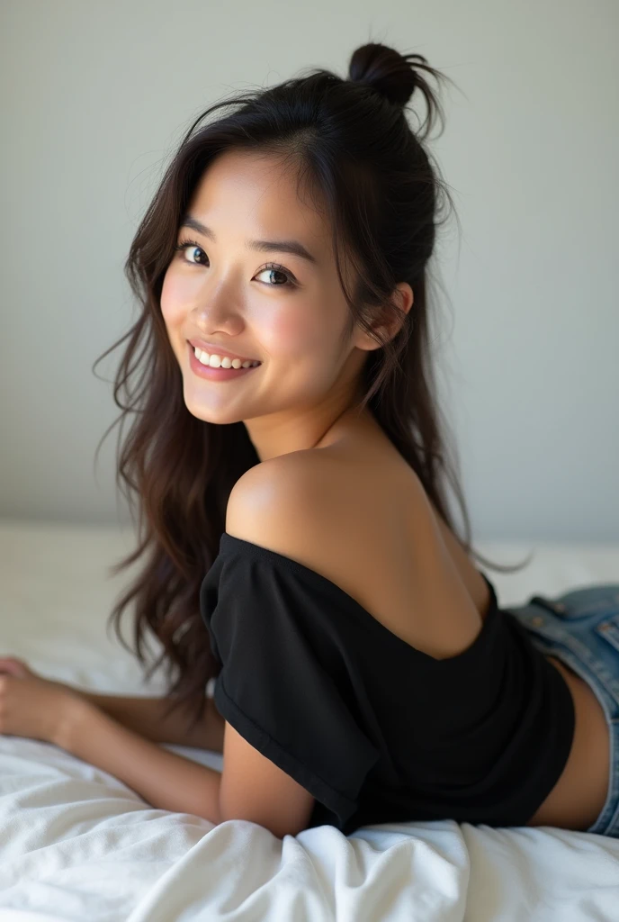 brunette, smile, physique: smallest belly ever, flat chest, skinny face, white wall, no decoration, jean shorts, black shirt, lying on stomach on bed, looking smiling at camera, photo of back