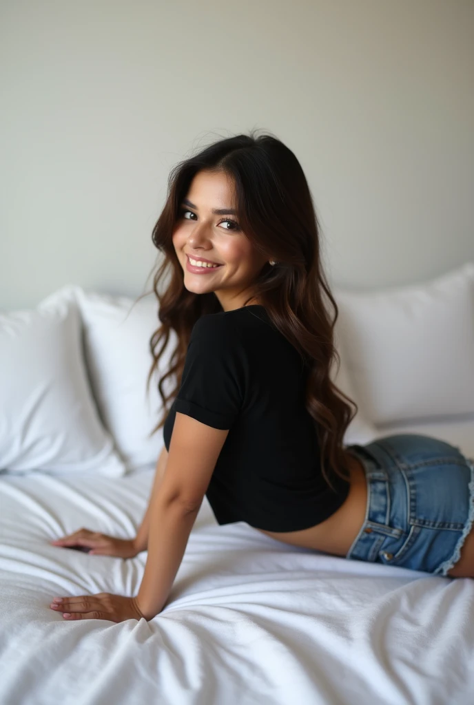 brunette, smile, physique: smallest belly ever, flat chest, skinny face, white wall, no decoration, jean shorts, black shirt, lying on stomach on bed, looking smiling at camera, photo of back