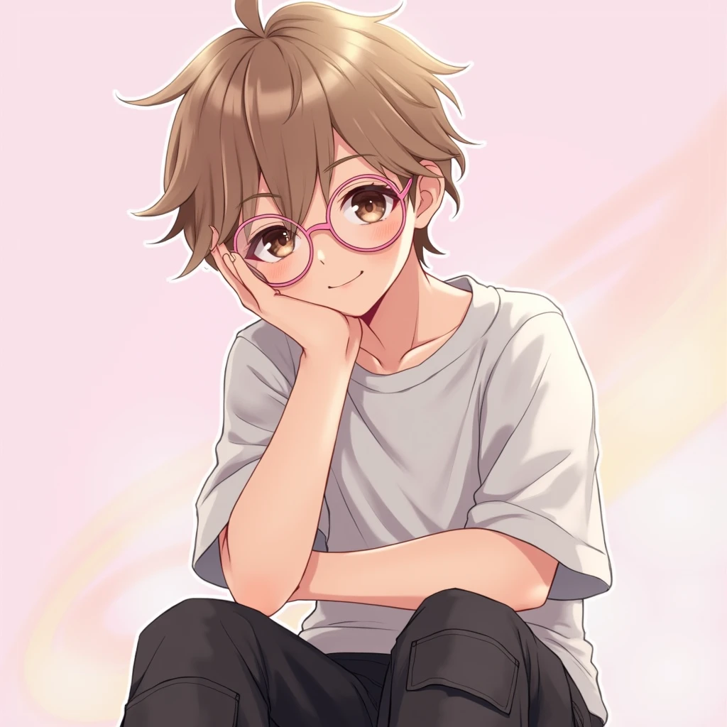 1boy avec les cheveux brun clair  avec des yeux brun foncé et des lunette rose avec un crop top avec des manches courtes en laine blanc et un cargo noir et il est fort rapproché de la caméra on voit sa tête en grand plan trés t’as rapproché de la caméra et un visage calme avec un sourire cute et il tient son visage avec une main il est assis
Fond rose  et un peu couleur arc-en-ciel ￼
Style anime