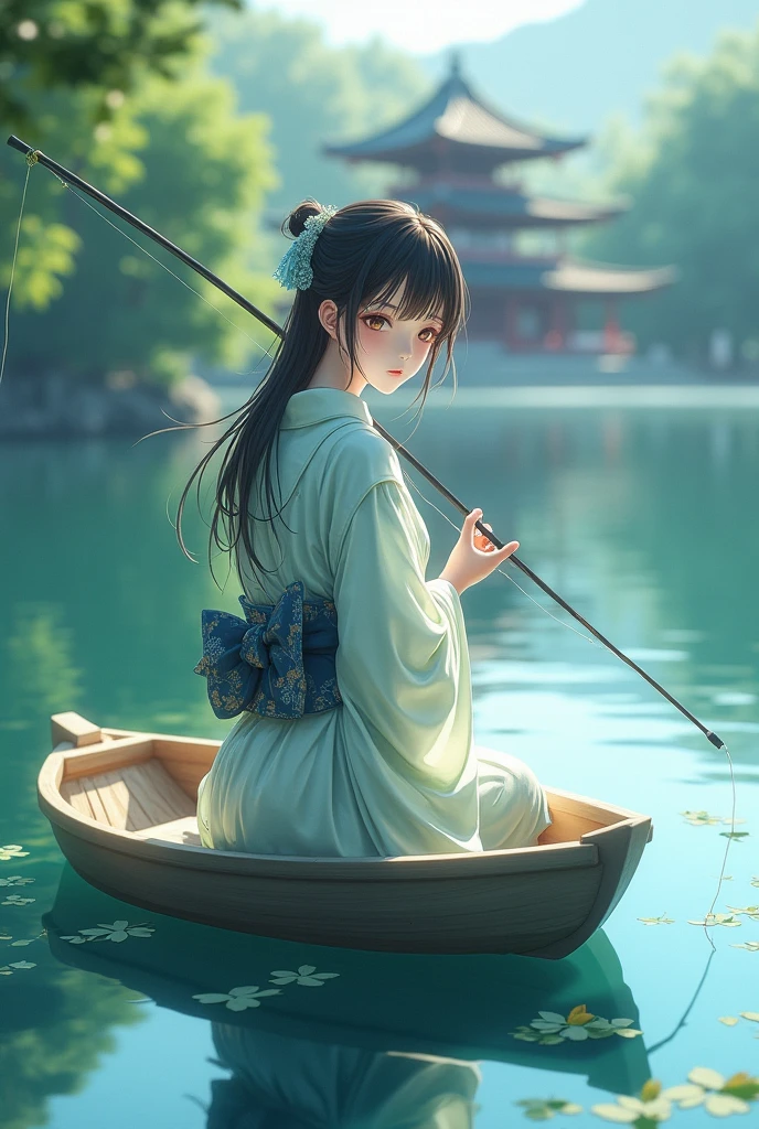  (best quality), (masterpiece), (Ultra-high resolution), (Clear face), （Reality： 1.4）, (perfect lighting),(photorealistic:1.30), anime wallpaper, Guviz style artwork , fantasy cover up to magic , by Yang J, Guviz, beautiful artwork illustration, beautiful digital artwork, beautiful digital illustration, Li Song, beautiful anime portrait, art style at Beauvot,illustration, ethereal and beautiful, highly detailed, CG, unity, 8k wallpaper, Amazing, fine detail, official art, highly detailed CG unity 8k wallpaper,absurd, extremely absurd, large file size, highly detailed , high resolution, very detailed,beautiful girl with details, very detailed eyes and face, beautiful detailed eyes,light on the face,cinematic lighting, A female, kimono , Japanese clothes, Japanese temple, realistic, (full body:1.7), (Turning back viwer), Fishing, holding a fishing rod, outdoor, Lake, Crystal skin details, Glowing skin, ferpect lighting, Soft light, Take a boat, Ika,