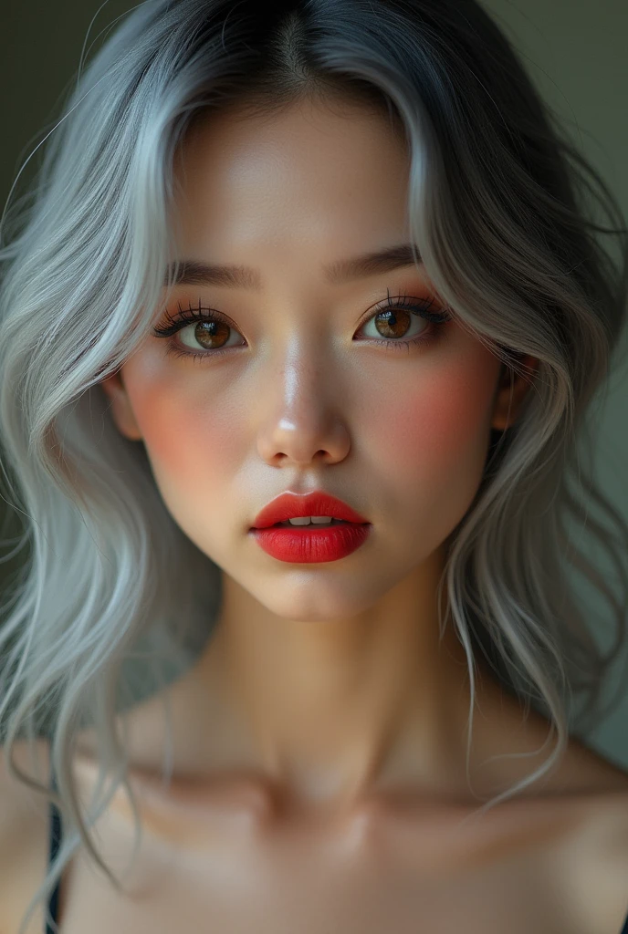 NSFW,A Korean woman, 19 years, with long half white half black hair with orange highlight, and bangs, heterochromia red right eye and white left eye, slepy eyes, freckles all over her body and face, arched eyebrows, septum piercing, without clothes, showing the crotch coming out of the crotch