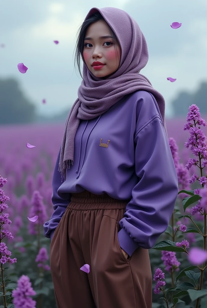 masterpiece, absurd, an indonesian beautifull girl, solo,mature female, purple hoodie with layered sleeves, brown pants, hijab scraf motif, outdoors, purple flower field, looking at viewer, (falling petals), cloudy sky, perfect composition, detailed lips, big breast, beautiful face, body propotion, blush, (pink lips), long hijab, blue eyes,  soft gaze, sad smile,  super realistic, detailed, photoshoot, realistic face and body,  realistic hijab, realistic eyes, realistic nose, realistic lips