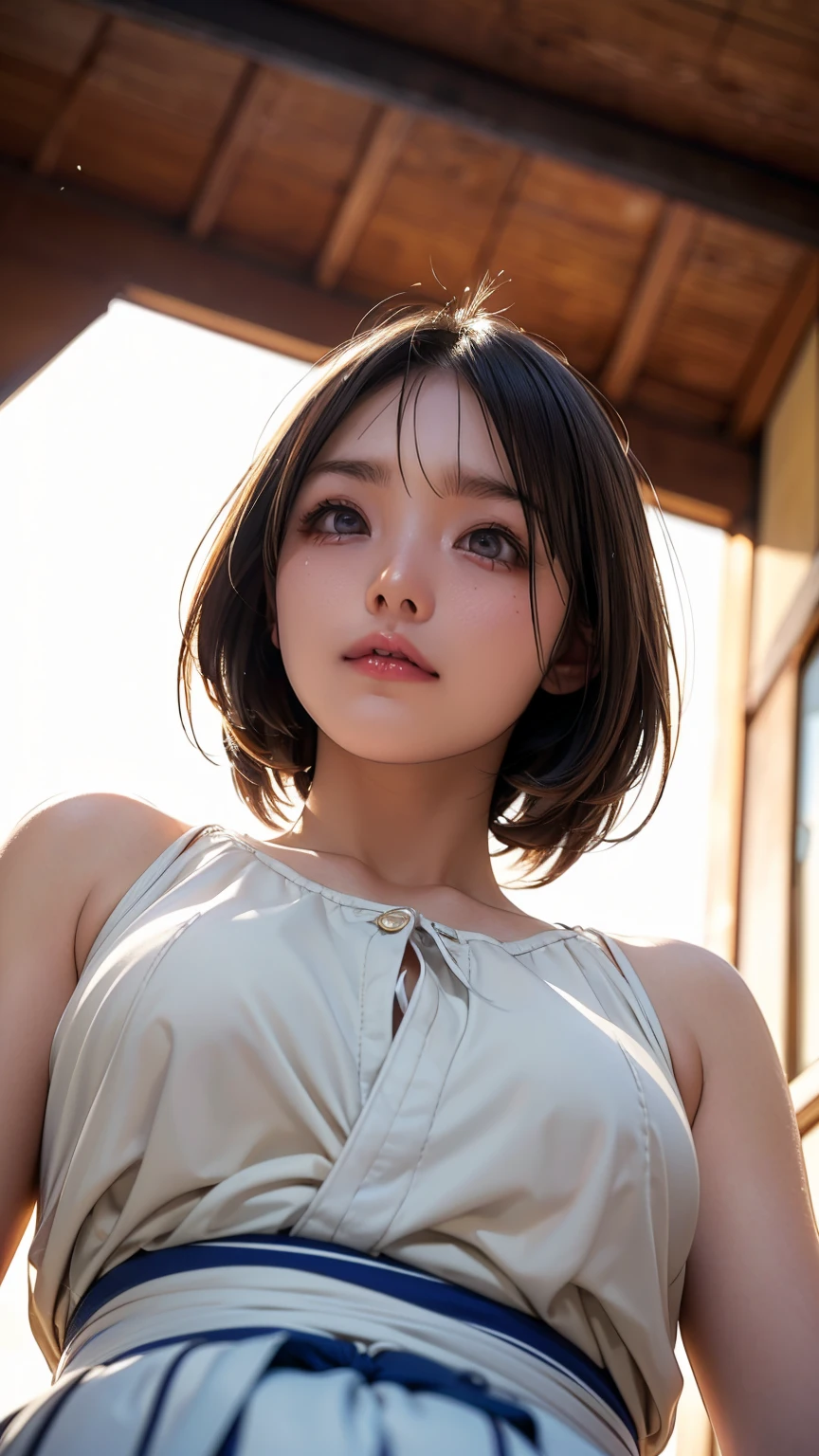 Realistic, masterpiece, Highest quality, Highest Resolution, High Detail, Soft Light, Professional Lighting, Backlight, Film Grain, The background is blurred, (Japanese high school girl, Height: 162cm, Small Tits), (The subject is a photograph of the upper body taken from below, Photographed from a slight angle:1.3), Walking, (I'm sweating a little, Hair is also wet with sweat), Laughing happily, Open your mouth, Beautiful and detailed eye drawing, Droopy eyes, Dark Eyes, Draw eyelashes carefully, Eyelash extensions, Gal Makeup, Orange Cheek, (White brown braids,Short Hair, middle part:1.3), (Hidden eyelid wrinkles:1.3), (Cool clothing:1.3), (Summer forest, Under the sun through the trees:1.3)