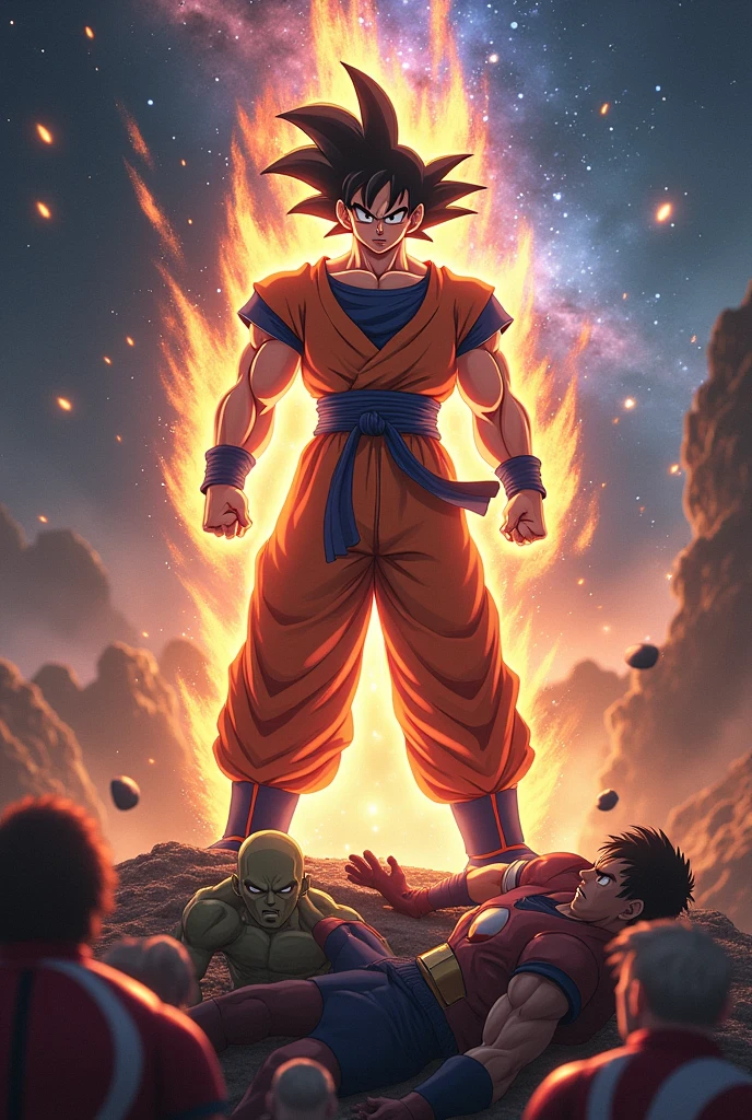 Goku Ultra Instinct fights the Avengers, Goku wins, (Thor) (Hulk) (Iron man) (Captain America) all lie at Goku&#39;s feet.