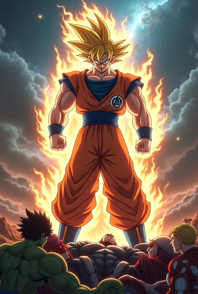 Goku Ultra Instinct fights the Avengers, Goku wins, (Thor) (Hulk) (Iron man) (Captain America) all lie at Goku's feet.