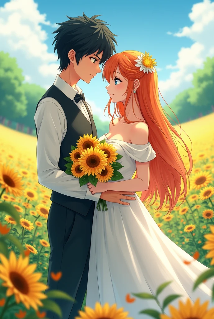 The orange-haired long, blue-eyed girl is wearing a luxurious, off-the-shoulder white wedding dress, holding a wedding bouquet made from a bouquet of sunflowers. She was standing next to a boy with slightly messy black hair, yellow eyes, cold face, wearing a vest and holding the girl's waist. The surrounding landscape is a beautiful flower field. anime characters