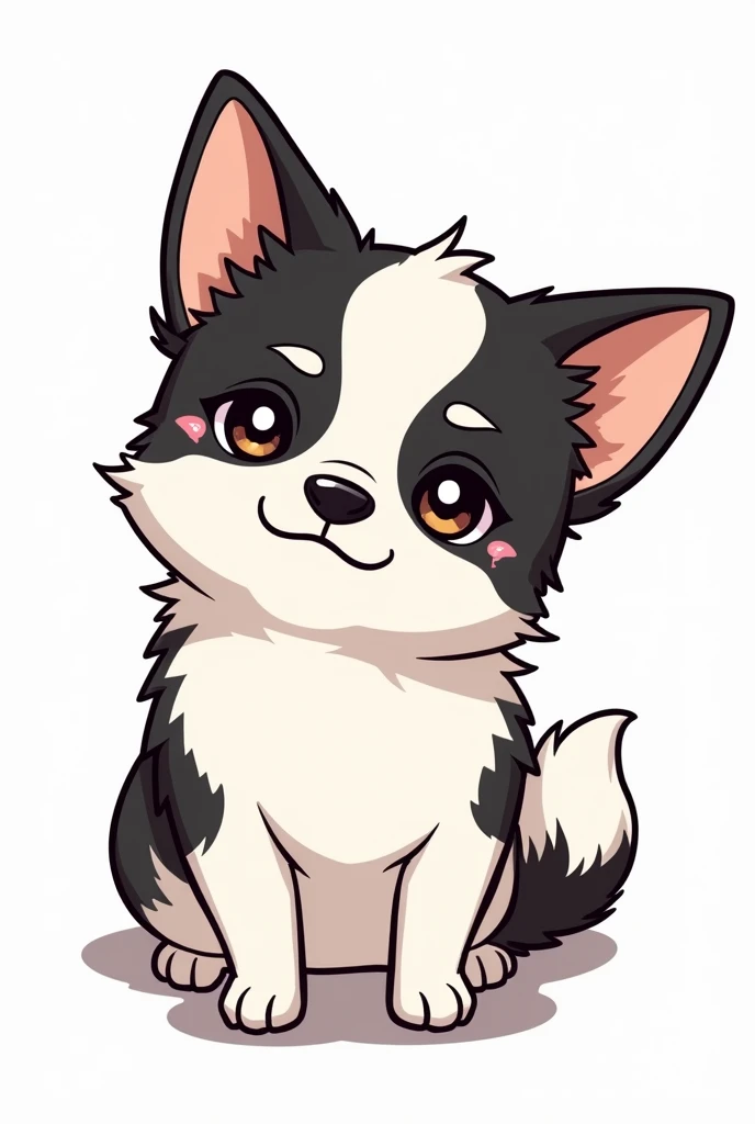 Chihuahua, black and white face, white body, black sides of belly, black butt, fluffy ears, brown eyebrows, sparkling eyes, manga style, LINE stamp style, two short legs, transparent background, tired