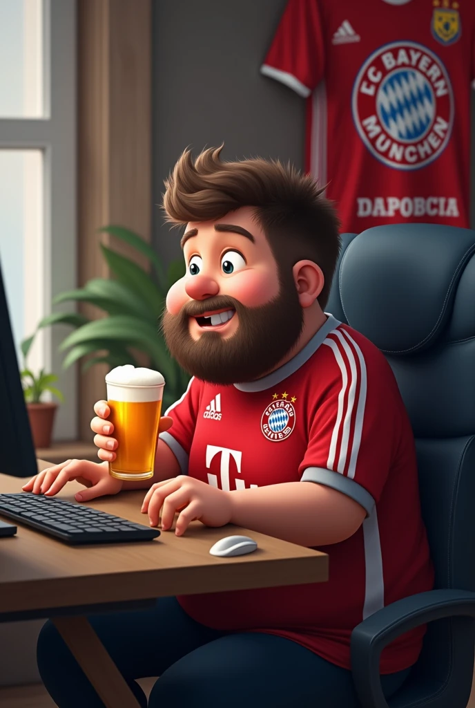 Small fat boy with small beard and round head sitting at the computer, wearing a Bayern Munich jersey and drinking beer and on the wall in the background hangs a davaria davensberg scarf