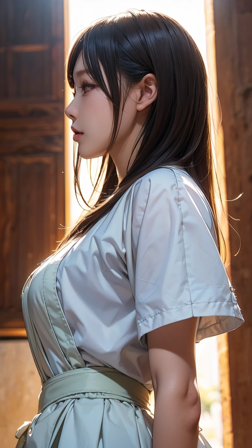 Realistic, masterpiece, Highest quality, Highest Resolution, High Detail, Soft Light, Professional Lighting, Backlight, Film Grain, The background is blurred, (Japanese high school girl, Height: 162cm, Small Tits), (The subject is a photograph of the upper body taken from below, profile:1.3), Walking, (I'm sweating a little, Hair is also wet with sweat), Laughing happily, Open your mouth, Beautiful and detailed eye drawing, Droopy eyes, Dark Eyes, Draw eyelashes carefully, Eyelash extensions, Gal Makeup, Orange Cheek, (White brown braids,Short Hair, middle part:1.3), (Hidden eyelid wrinkles:1.3), (Cool clothing:1.3), (Summer forest, Under the sun through the trees:1.3)