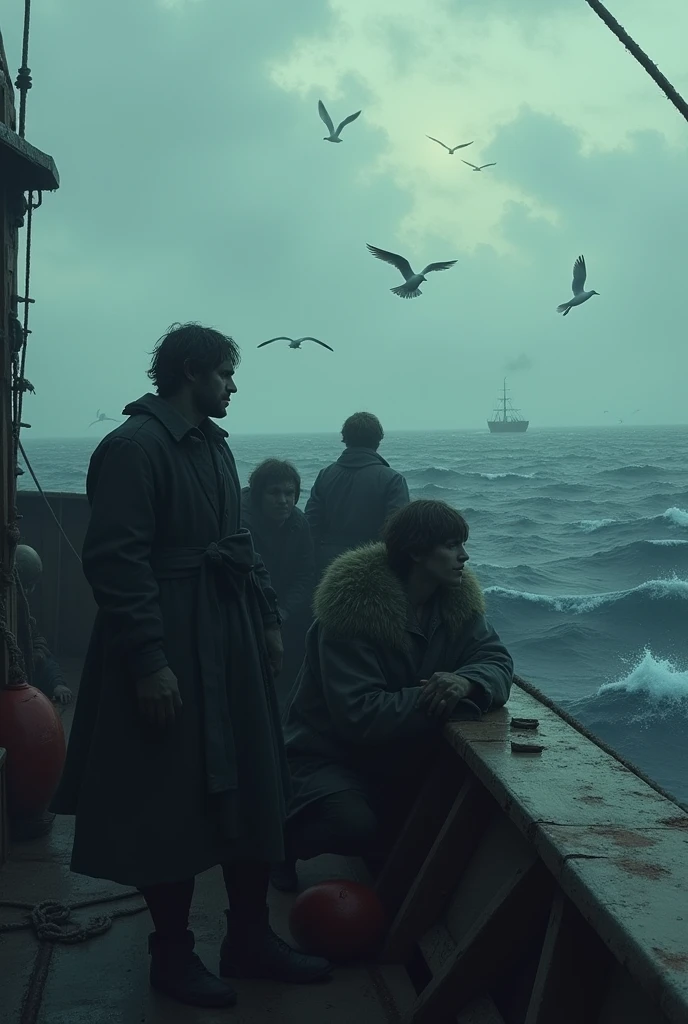 People in the modern age suffering on a ship lost at sea 