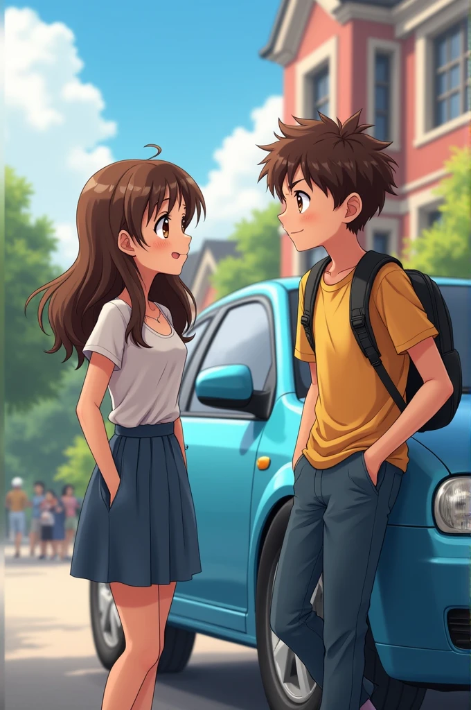 A girl with slightly long brown hair and brown eyes, of average height standing next to a blue car, with a slightly taller boy,with brown hair, and slightly disorganized leaning against the car saying something to the girl and in the background,a university residence with a campus 