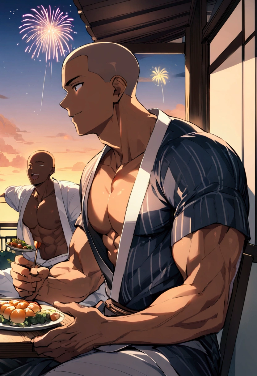 Highest quality、Midsummer evening、Short Hair、Sports haircut、Two muscular men wearing yukatas happily eating on the veranda、Pectoralis major、Abdominal muscles、Brown skin、Shaved head、firework