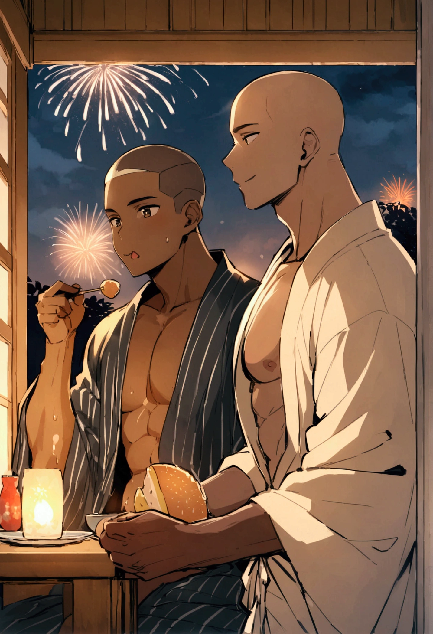 Highest quality、Midsummer evening、Shaved head、Sports haircut、Two macho men wearing yukatas on the veranda、to kiss、Embarrassed face、Pectoralis major、Abdominal muscles、Brown skin、firework