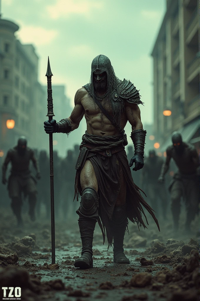 Create a photo with the word TZO highlighted. An ancient warrior fighting against the current situation of the zombie world