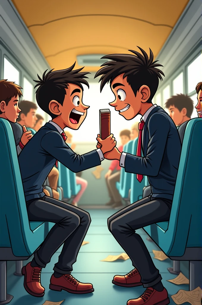(comic) (wearing school uniform) A middle school boy tries to a book from other middle school boy who is sitting in the bus seat.
