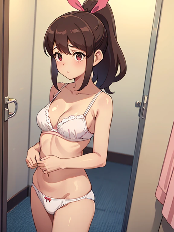 Shot in the changing room,Show the whole body,Are standing(Mastepiece,1, alone) (Kodama Fumika)Brown Hair,ponytail,Pink ribbon,Big Breasts,White bra,White panties,Red ribbon on panties