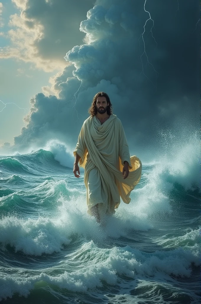 Jesus walking on water,background with tsuname ,thunders,waving dress,dark sky