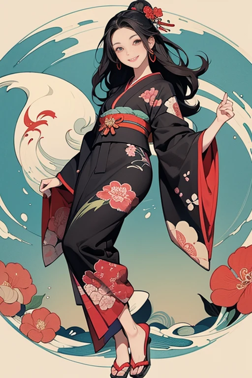 A beautiful woman smiles and shows her upper white teeth、Vividly colored Japanese Ukiyo-e style illustrations、(SeaArt creates stunning illustrations of beautiful women in kimono)、Brown-black long hair、Beautiful full body style、Let's dance a little Tokyo Ondo Yoiyoi、Beautiful digital painting,、Bright vibrant digital anime art、 Detailed digital anime art、 Beautiful anime portraits、background、Torii gate of a shrine in Kyoto, Japan、Detailed CG、
